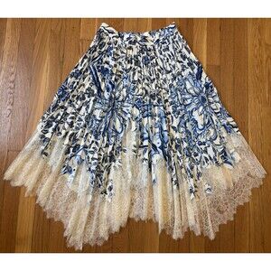 Tory Burch Blue White Floral Cherub Pleated Asymmetric Midi Skirt Lace Trim 4